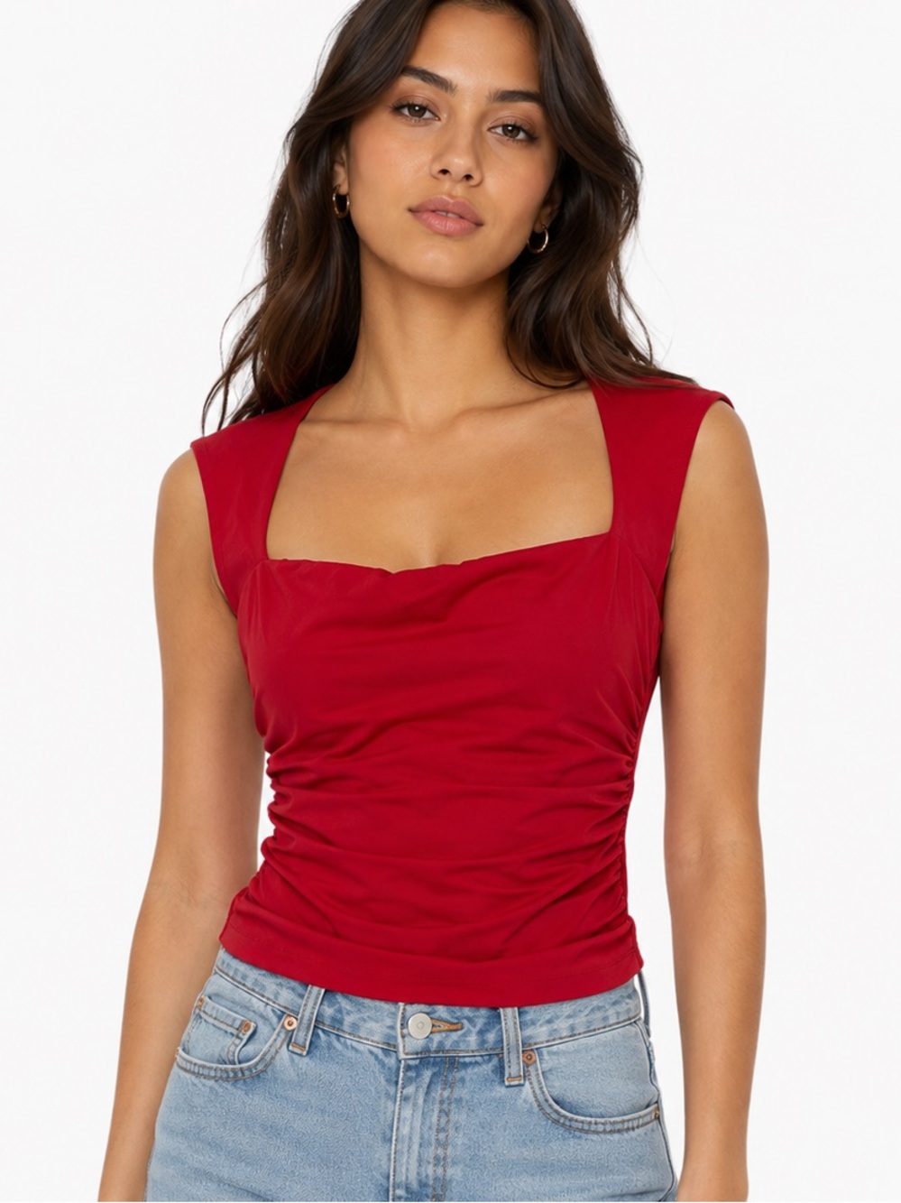 Red Square-Neck Ruched Sides Sleeveless Top